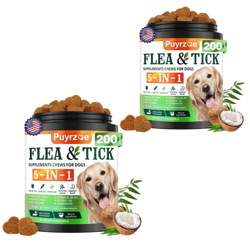 PUYRZOE 5-In-1 Flea & Tick Chews | Grain-Free Dog Food Formula | Supports Joint, Skin, Immune, and Digestion Health at the Same Time | for Dogs