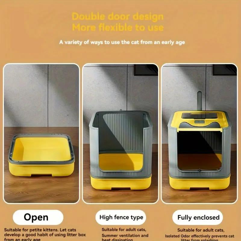 Large Capacity Cat Litter Box, Deodorizing Cat Litter Box with Tray and Shovel, Sanitary Pet Toilet Box, Splash-Proof Design, Fully Enclosed Structure, Odor Isolation, Dual-Purpose Function, Foldable Design, Cat Litter Box Solution, with Shovel