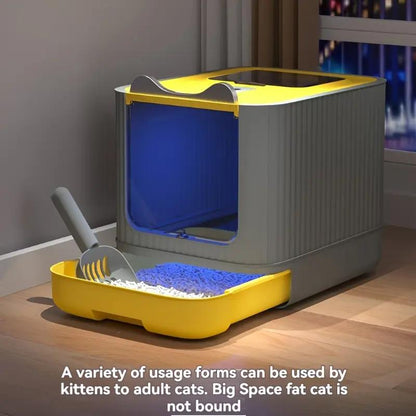 Large Capacity Cat Litter Box, Deodorizing Cat Litter Box with Tray and Shovel, Sanitary Pet Toilet Box, Splash-Proof Design, Fully Enclosed Structure, Odor Isolation, Dual-Purpose Function, Foldable Design, Cat Litter Box Solution, with Shovel