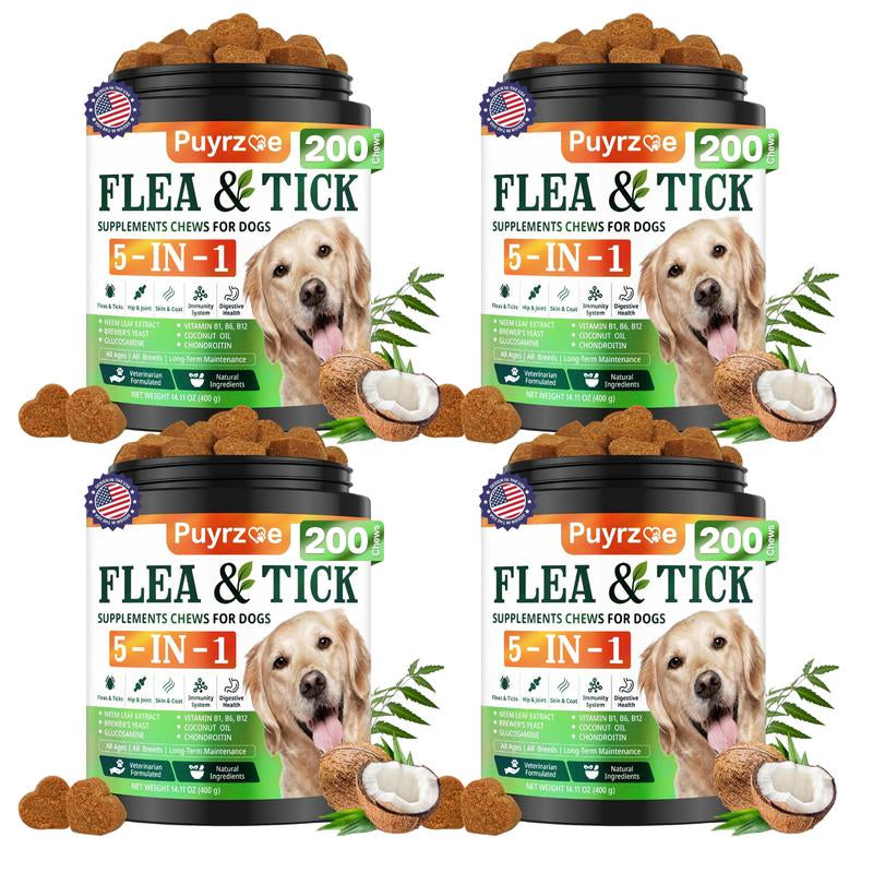 PUYRZOE 5-In-1 Flea & Tick Chews | Grain-Free Dog Food Formula | Supports Joint, Skin, Immune, and Digestion Health at the Same Time | for Dogs