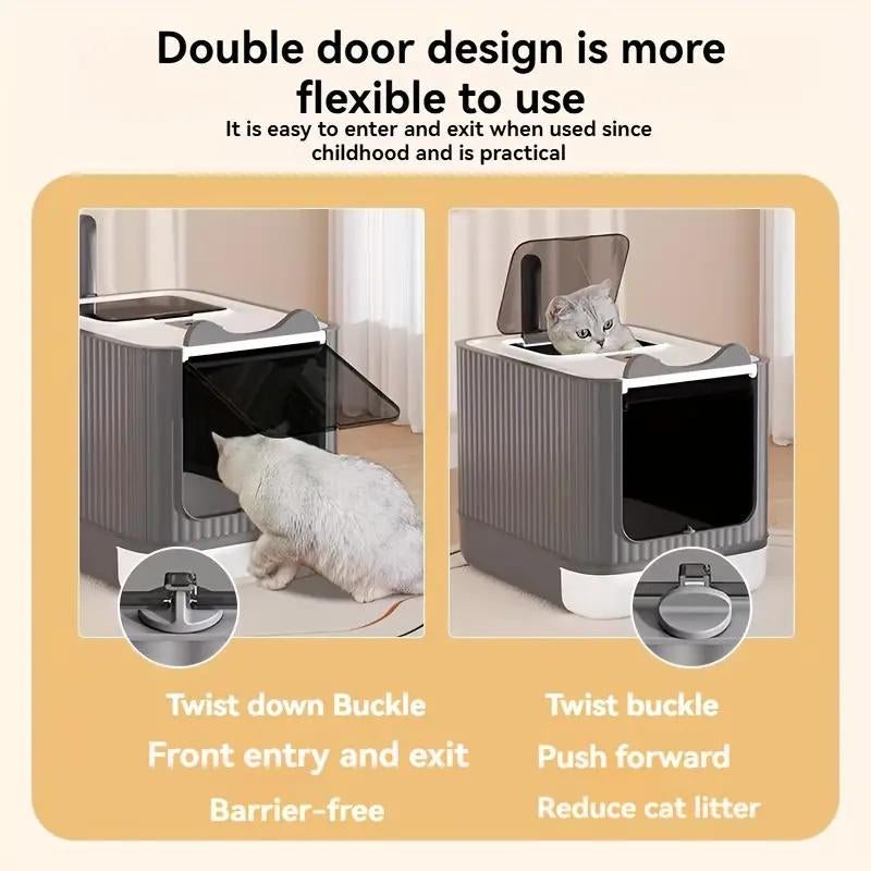 Large Capacity Cat Litter Box, Deodorizing Cat Litter Box with Tray and Shovel, Sanitary Pet Toilet Box, Splash-Proof Design, Fully Enclosed Structure, Odor Isolation, Dual-Purpose Function, Foldable Design, Cat Litter Box Solution, with Shovel