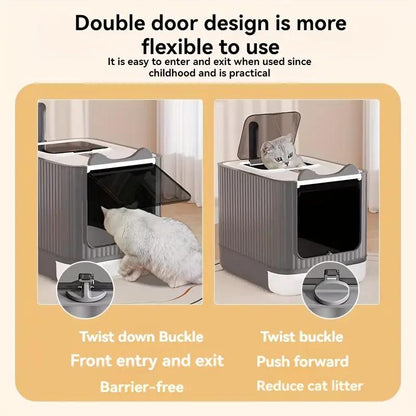 Large Capacity Cat Litter Box, Deodorizing Cat Litter Box with Tray and Shovel, Sanitary Pet Toilet Box, Splash-Proof Design, Fully Enclosed Structure, Odor Isolation, Dual-Purpose Function, Foldable Design, Cat Litter Box Solution, with Shovel