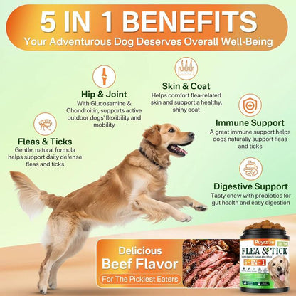 PUYRZOE 5-In-1 Flea & Tick Chews | Grain-Free Dog Food Formula | Supports Joint, Skin, Immune, and Digestion Health at the Same Time | for Dogs