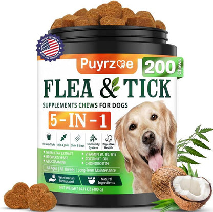 PUYRZOE 5-In-1 Flea & Tick Chews | Grain-Free Dog Food Formula | Supports Joint, Skin, Immune, and Digestion Health at the Same Time | for Dogs