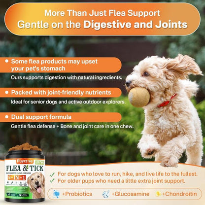 PUYRZOE 5-In-1 Flea & Tick Chews | Grain-Free Dog Food Formula | Supports Joint, Skin, Immune, and Digestion Health at the Same Time | for Dogs
