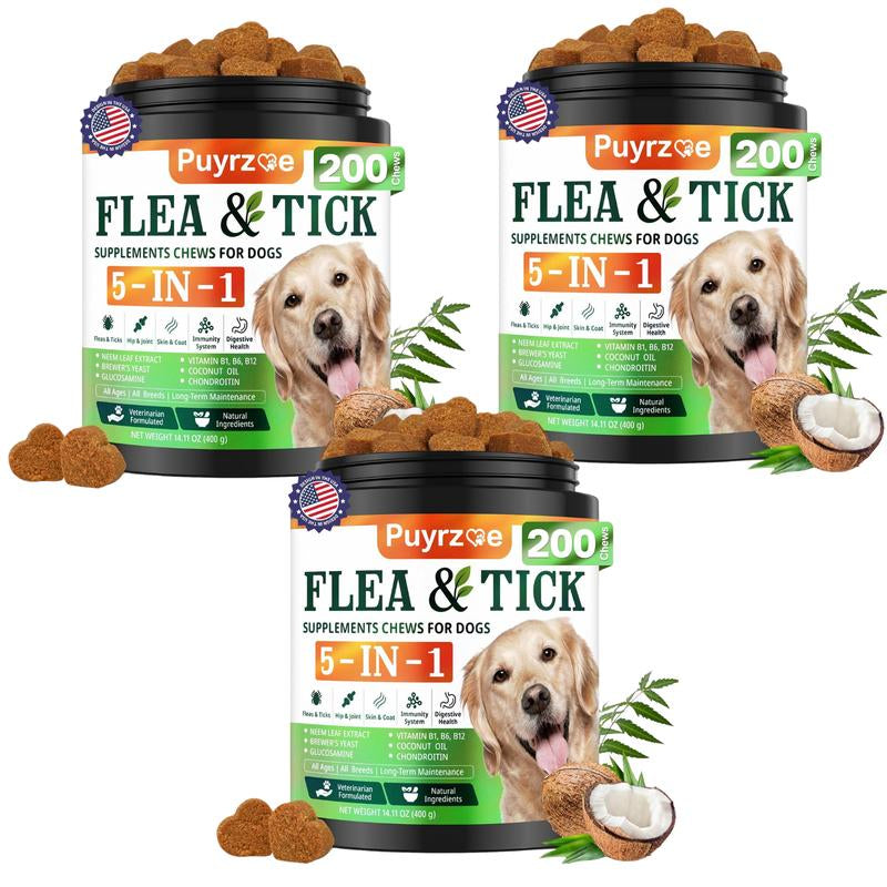 PUYRZOE 5-In-1 Flea & Tick Chews | Grain-Free Dog Food Formula | Supports Joint, Skin, Immune, and Digestion Health at the Same Time | for Dogs
