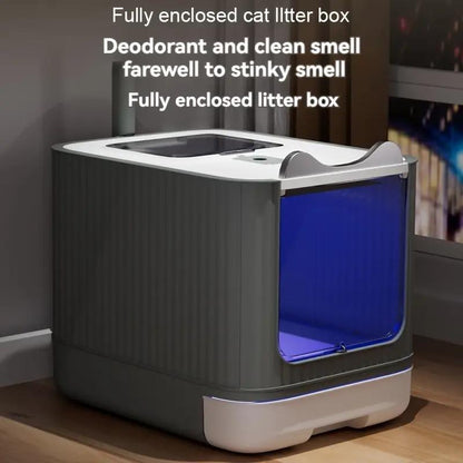 Large Capacity Cat Litter Box, Deodorizing Cat Litter Box with Tray and Shovel, Sanitary Pet Toilet Box, Splash-Proof Design, Fully Enclosed Structure, Odor Isolation, Dual-Purpose Function, Foldable Design, Cat Litter Box Solution, with Shovel