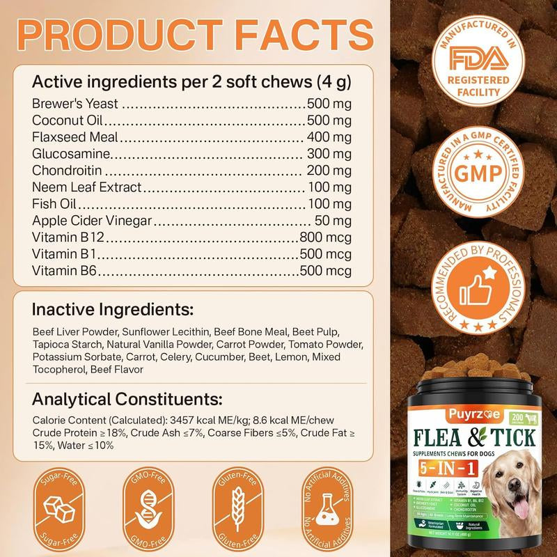 PUYRZOE 5-In-1 Flea & Tick Chews | Grain-Free Dog Food Formula | Supports Joint, Skin, Immune, and Digestion Health at the Same Time | for Dogs