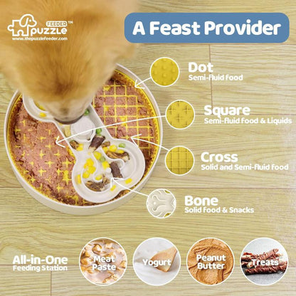 Puzzle Feeder Dog Slow Feeder Bowl - 15 Times Slower, 3 Parts, Silicon Mat, Dishwasher Safe, Spinning Bone Plate, Pet Toy, Multicoloured Slow Feeder